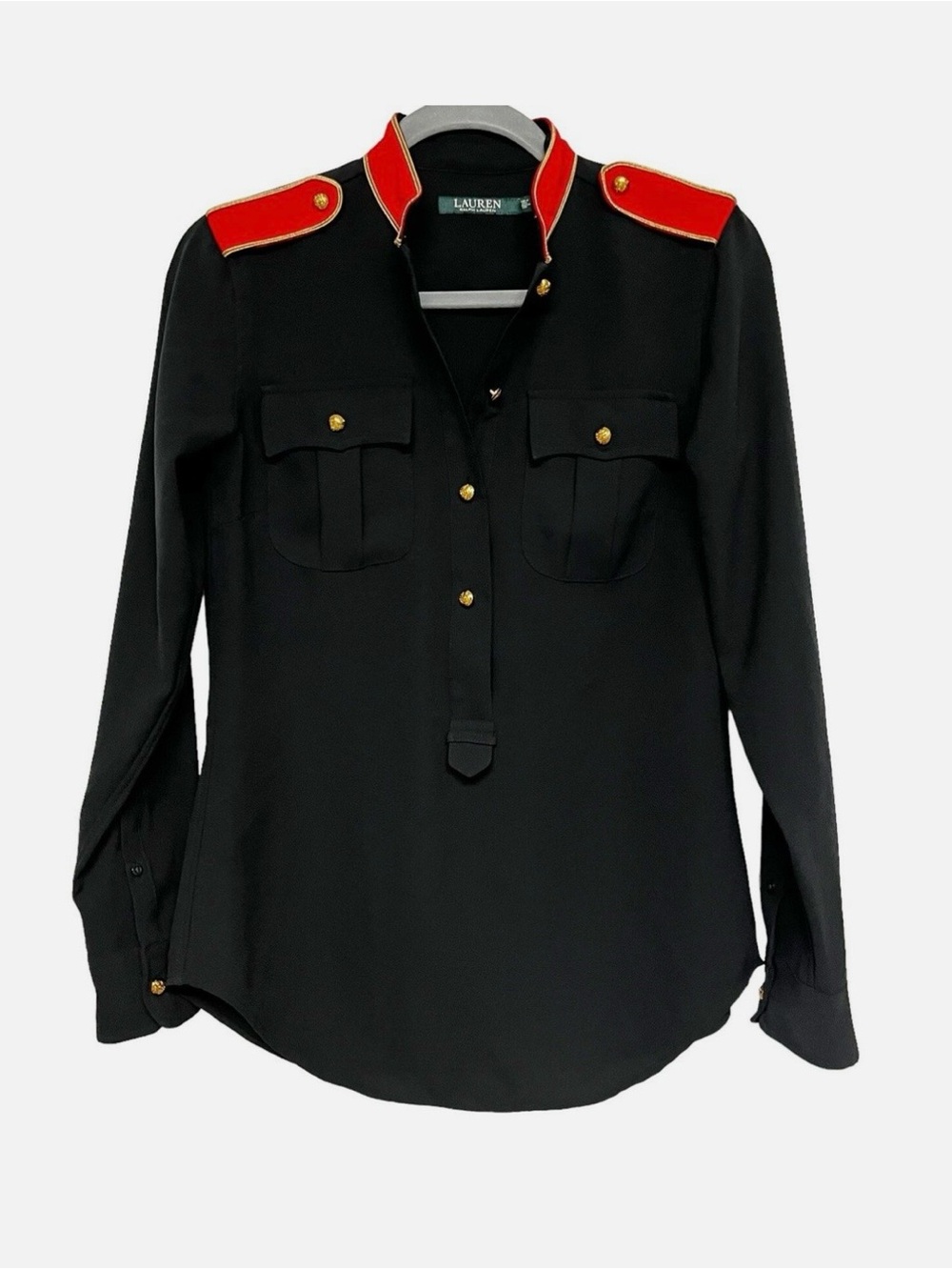 Ralph Lauren Black Button-Front Military Style Shirt with Red Trim